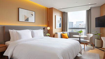 Fototapeta premium Comfortable hotel room with yellow interior ornament for elegant impression