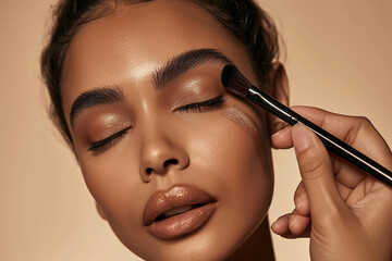 Obraz premium Close-up of a woman putting on makeup. Suitable for makeup ads, sites, projects 