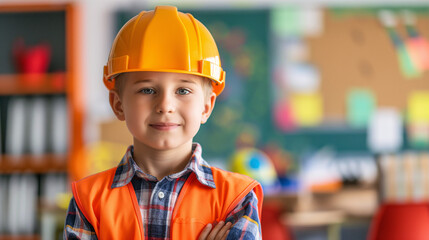 Little boy kid dressed as an engineer with a hard hat and safety vest, with a blurred school classroom backdrop	
