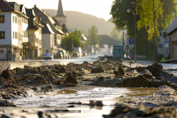 Destruction After Natural Disaster in Small Town Showing Flood Damage and Muddy Streets