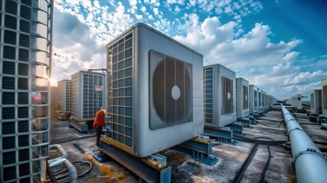 An air conditioning unit on a roof with blue skies in the background