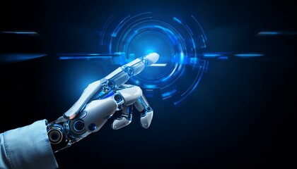 Android robotic and artificial intelligence humanoid finger is pointing into the augmented reality interface with blue ray beaming out of the fingertips
