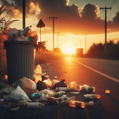 The image shows a trash can overflowing with garbage, with litter scattered on the side of a rural road. The setting sun casts a warm glow on the scene
