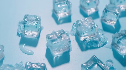 Frozen cubes for beverages - close up of ice cubes on blue background. ice cubes, closeup, light blue background