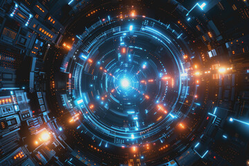 Fototapeta premium Blue and Silver light, Explore the futuristic vistas of an abstract radial technology city.