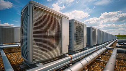 An air conditioning unit on a roof with blue skies in the background