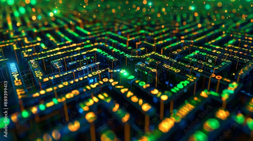 Leinwandbilder A 3D digital maze with glowing lines and binary code, creating a complex and intricate pattern.