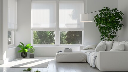 A white couch sits in a room with a large window and a potted plant. The room is bright and airy, with a clean and minimalist design