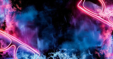 A dark, textured background, two pairs of neon pink glasses glow brightly, casting a vibrant reflection on the surrounding surface.