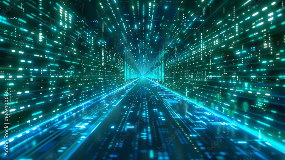 Poster a futuristic, digital highway with glowing green and blue lines creating a tunnel effect.