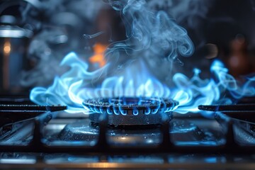 Blue flames of a gas stove burner with smoke rising