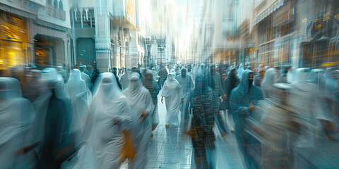 Crowd of Arabic people walking street
