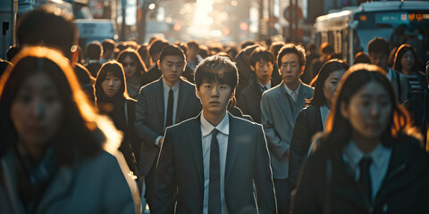 Crowd of Asian business commuters people walking street