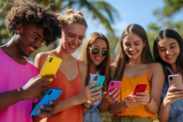 Fototapeta premium “Young Adults Engaged with Smartphones Outdoors”
