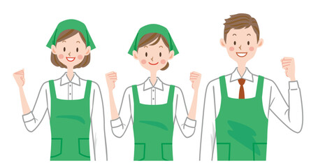 スーパーの店員イラスト　スタッフ　エプロンをした男女　複数　主婦　 家事代行