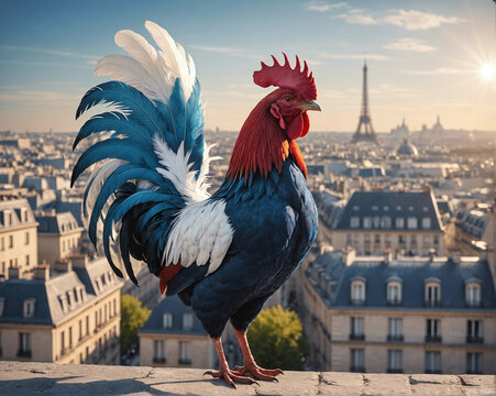 Coq tricolore bleu blanc rouge, sur les toits de Paris, symbole de la France