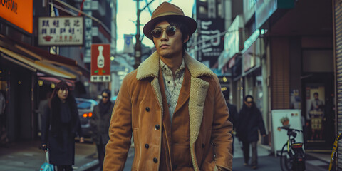 Fototapeta premium Fashionable Asian man in 1970s on city street