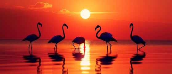 Naklejka premium AI generator image of silhouettes of flamingos at sunset with reflections Wide viewing angle, panorama