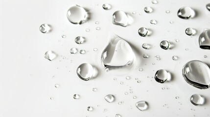 Close-up photo of many small water drops on a white background
