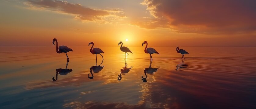 AI generator image of silhouettes of flamingos at sunset with reflections Wide viewing angle, panorama