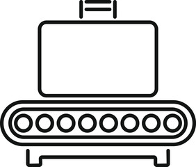 Line drawing of a luggage conveyor belt moving a suitcase in an airport terminal