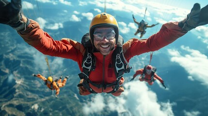 AI generator image of skydivers flying,skydivers are falling against the background of the white clouds 	