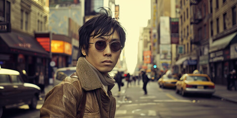 Fashionable Asian man in 1970s on city street