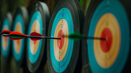 Row of circle archery target. Arrow sport or game accuracy, aim at center, hit, shot, goal, competition