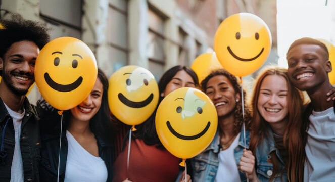 A group of friends holding yellow smiley face balloons, a close-up of hands and smiling faces with happy expressions
