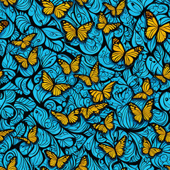 seamless pattern with yellow butterflies in blue leaves background
