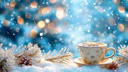 Cozy december night  empty coffee mug mockup with christmas tree in snowy setting