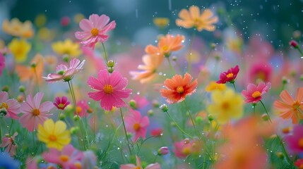 Vibrant Floral Meadow Abloom with Colorful Garden Flowers in Summertime