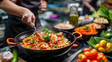 Authentic Thai Cooking Class: Students Learning Traditional Cooking Techniques