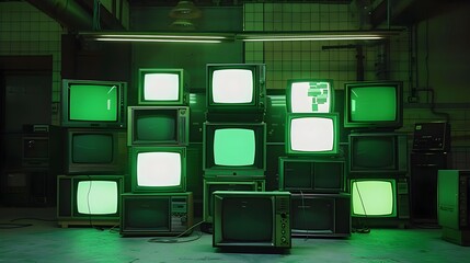 Glowing Vintage CRT Monitors in Dark Industrial Room Setting