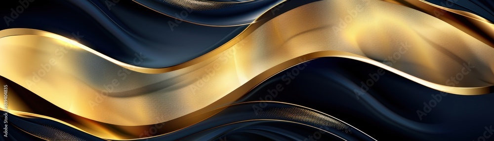 Poster a series of gold and blue waves, creating a sense of movement and fluidity. the gold waves contrast 