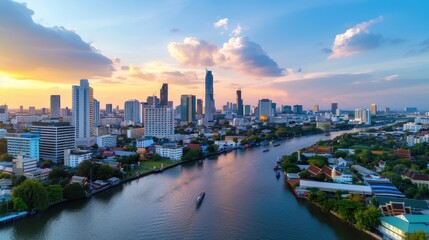 Fototapeta premium Vibrant Urban Contrast: Modern Infrastructure and Traditional Culture in a Bustling Thai City