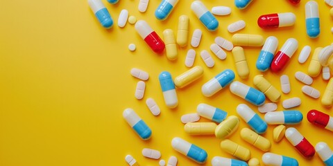 colorful capsule pills pile on yellow