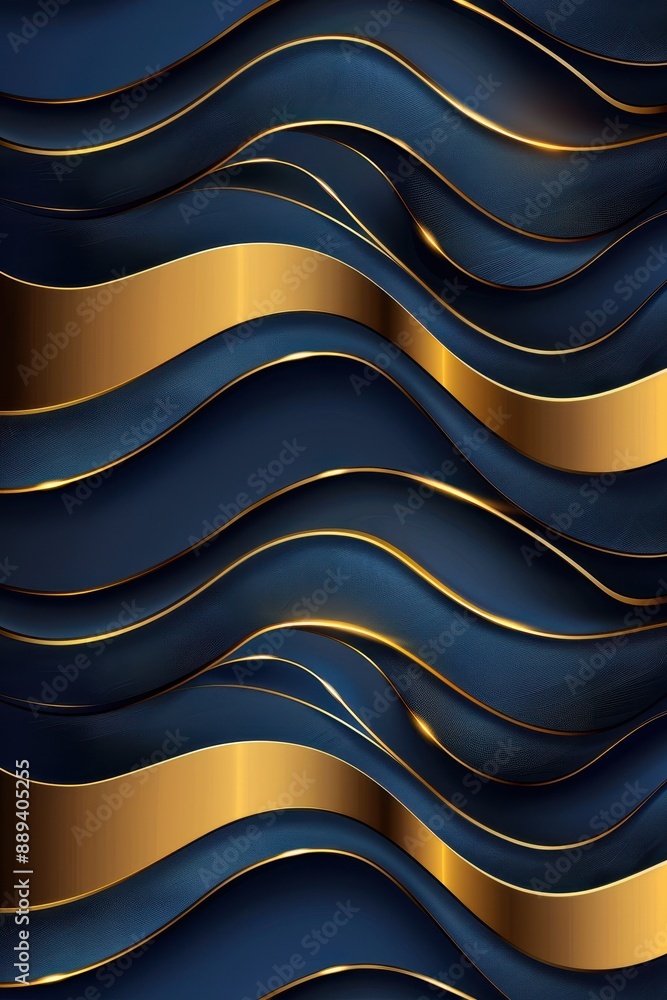 Poster a series of gold and blue waves, creating a sense of movement and fluidity. the gold waves contrast 