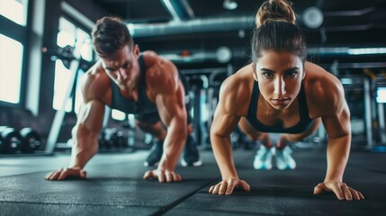Two Athletes Performing Intense Push-Up Exercise in Modern Gym Environment