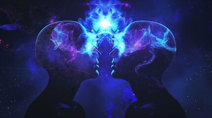 Surreal Digital Art of Twin Figures with Cosmic Energy Between Them