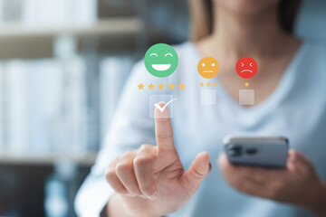 A female customer gives a 5-star product satisfaction rating and taps on a smiley face icon.