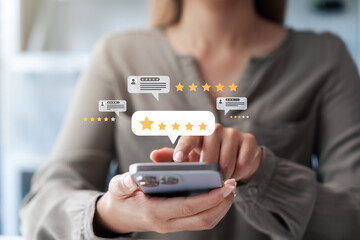 Female customers evaluate the quality of products and services, giving a maximum rating of 5 stars through an online application to gather experience data.