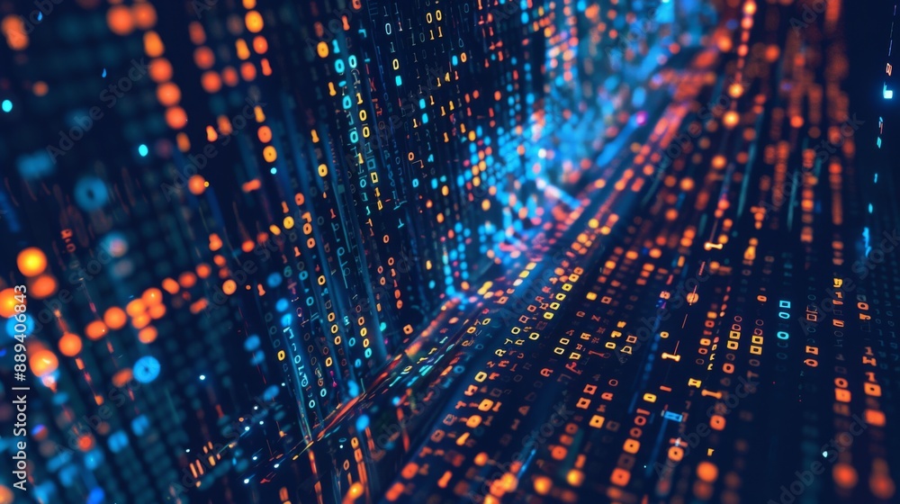 Poster A close-up shot of a digital binary code pattern, with glowing blue, orange, and yellow lights, creating an abstract, futuristic aesthetic.