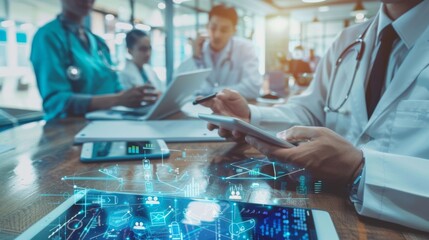 Medical co working concept,Doctor working with smart phone and digital tablet and laptop computer to meeting his team in modern office at hospital
