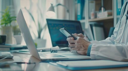 Obraz premium Medical co working concept,Doctor working with smart phone and digital tablet and laptop computer to meeting his team in modern office at hospital