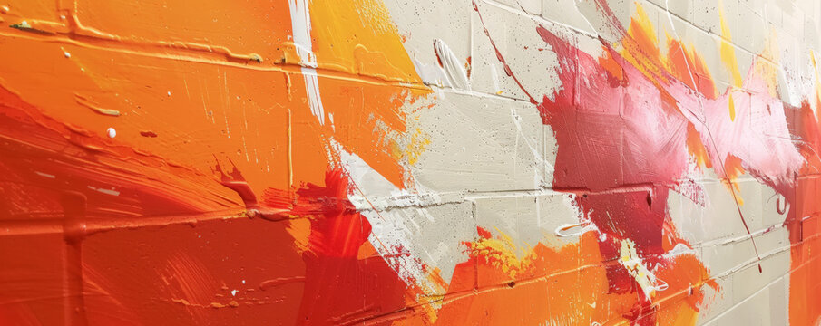 A wall painted with an abstract design featuring bold red and orange strokes, adding warmth and vibrancy to the texture.