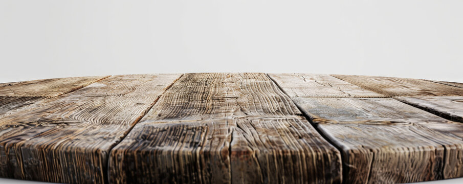 A weathered wooden podium with rich textures, ideal for showcasing high-end cosmetics. The white background contrasts beautifully with the old wood, emphasizing the product's luxury.