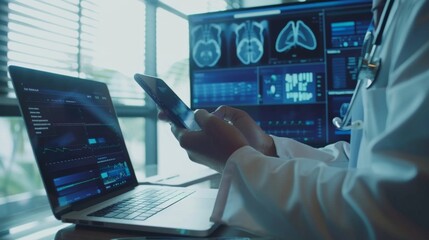 Medical co working concept,Doctor working with smart phone and digital tablet and laptop computer to meeting his team in modern office at hospital