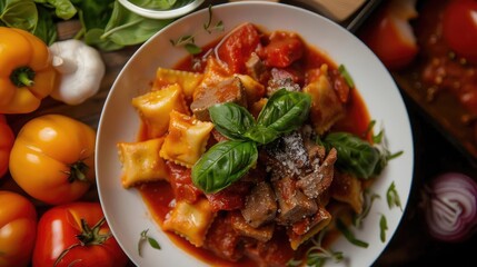 Delicious Italian ravioli with tomato sauce, garnished with fresh basil, surrounded by fresh vegetables.