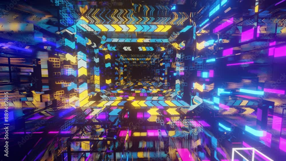 Aufkleber abstract frames and boxes. fly through technology cyberspace with neon glow. sci-fi flight through h